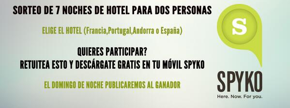 Spykoapp's tweet photo. SORTEO DE 7 NOCHES DE HOTEL PARA DOS PERSONAS!
Retuitea esto y el Domingo publicaremos los ganadores http://t.co/196oRf3SsK