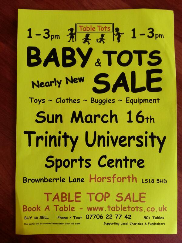 TableTOTS's tweet photo. Table Tots Baby &amp; Tots nearly new sale..
This Sunday 1pm at Trinity uni sports hall..come along n bag a bargain.. http://t.co/fwfUdf07AY