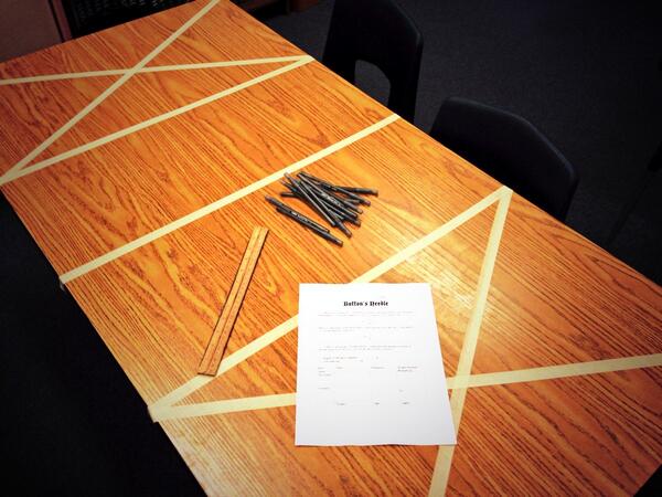 J_Sproule's tweet photo. Setting up Buffin's needle experiment! #PiDay  #lasdk8 http://t.co/YvFS4yiXYs