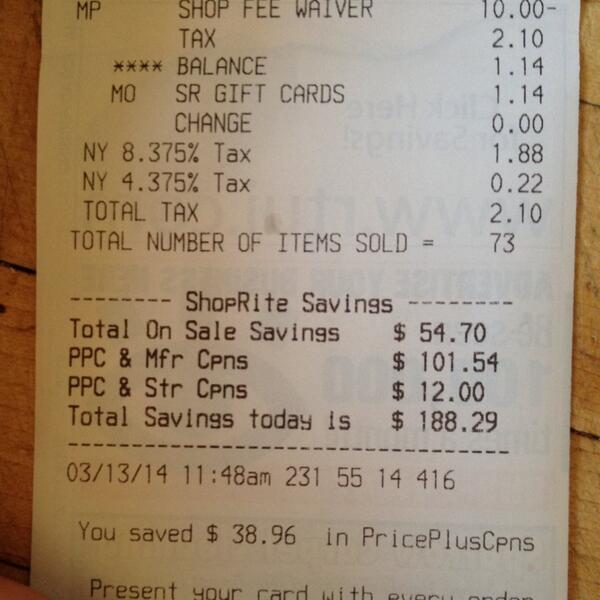 CovertCregan's tweet photo. @LivinRichCoupon Thanks for your help planning this trip to @ShopRiteStores Paid $1.14. Made $5.25. Saved $188.29! http://t.co/6i9VyNhBBl