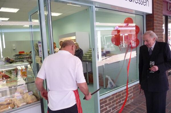HHButchers's tweet photo. Peter cut the ribbon to the shop today with standard issue butcher's equipment! http://t.co/4m1gpaOC0R