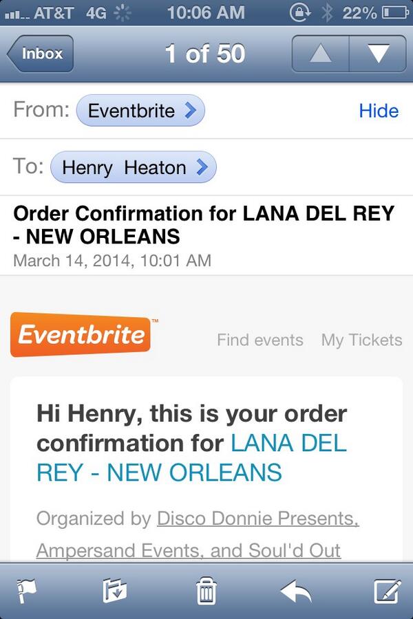 Ahnray's tweet photo. @LanaDelRey Is FINALLY coming to NOLA!! Amped that I snagged these http://t.co/GBzvvEkwU0