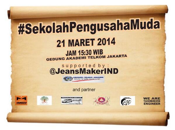 JeansMakerIND's tweet photo. Jadi sudah,flyer sederhana #SekolahPengusahaMuda @dimasdimakan @ARTERYS_YC @infoakatel @ExoIndodotcom @MobeedApparel http://t.co/xbY4BytiAA