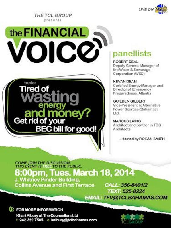 FINANCIAL VOICE. THIS TUESDAY AT 8PM. J. WHITNEY PINDER BUILDING.  BE THERE. HOUND THE PANELISTS WITH YOUR QUESTIONS.