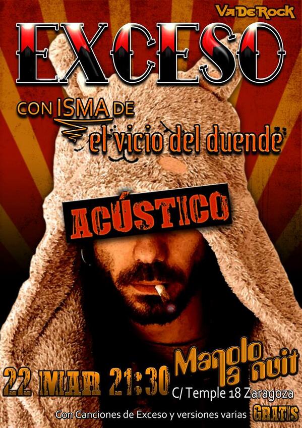 ZTUR69's tweet photo. Sábado 22, en Zaragoza #Rock del bueno con @ExcesoOficial en Acústico. @Inestables_rock @ElViciodelDuend RT pls ;-) http://t.co/k4a7TeuMJQ