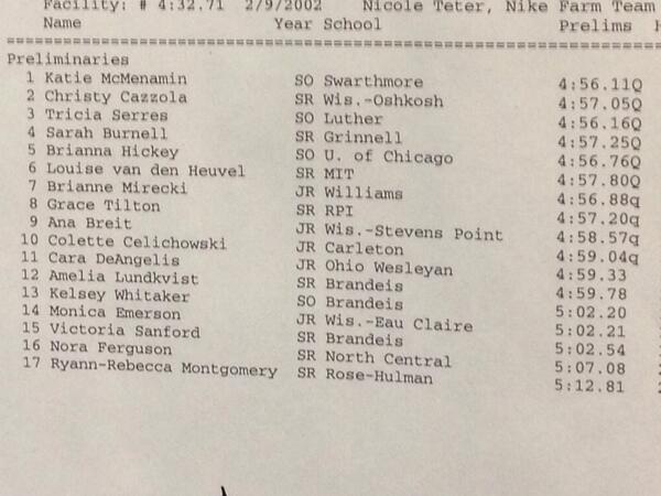 GrinnellXCTF's tweet photo. Sarah advances to finals! Christine's prelim coming up! http://t.co/G4XDMxY71M
