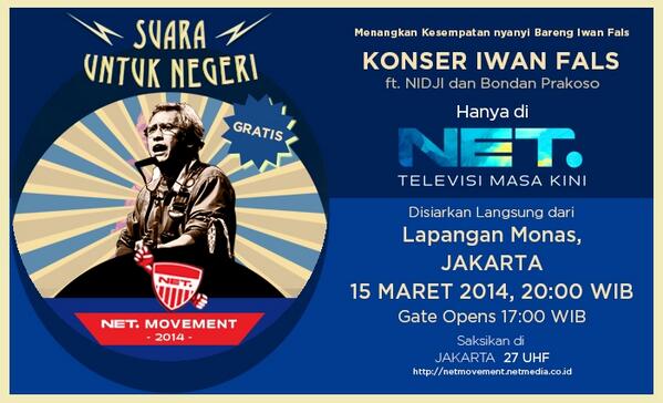 netmedia_info's tweet photo. Wohoo hari ini akn ada konser Suara Untuk Negeri @iwanfals @nidji @officialbondan #NETKonserJakarta yuk sgra merapat http://t.co/He7RAgp7Ec