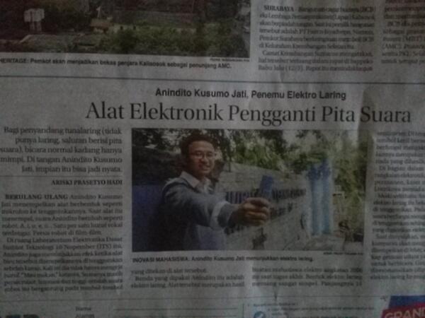 Anindito penemu Elektro Laring dari Elektro_ITS, di koran Metropolis Jawapos Sabtu 15/03/14  via <a href="/Elektro_ITS/">Teknik Elektro ITS</a>