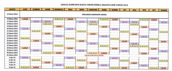 Berikut jadwal lengkap kampanye nasional 16 Maret - 5 April 2014.
