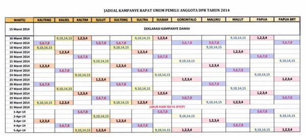 Berikut jadwal lengkap kampanye nasional 16 Maret - 5 April 2014.