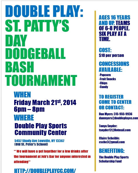DoublePlaySCC's tweet photo. Come join in on a fun night of competition and fun at Double Play's St. Peter's Dodgeball Bash. On March 21st @ 6pm http://t.co/77Zulsijgq