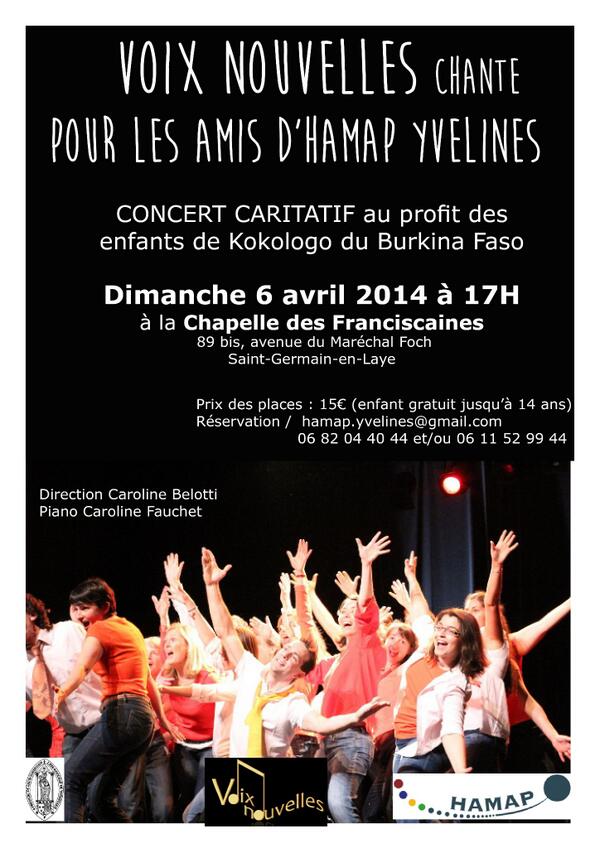 Save the date dimanche 6 avril 17h Voix Nouvelles chante pour HAMAP Yvelines: jazz, latino,et Gospels <a href="/StGermainLaye/">St-Germain-en-Laye</a>