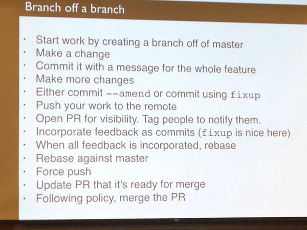 lukestokes's tweet image. .@jcarouth's #git flow. Open pull requests early, update often, rebasing is not scary. cc @_phred #mwphp14