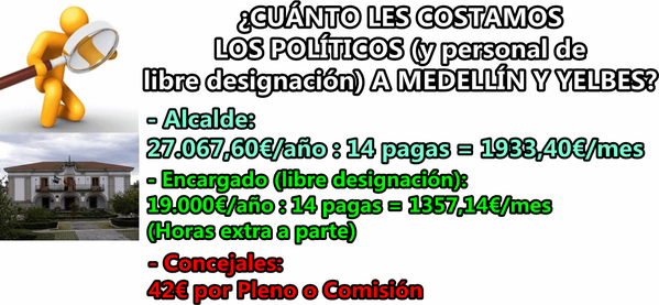 PSOE_Medellin_Y's tweet photo. ¿Cuánto les costamos los políticos a los vecinos? Aquí tenéis los DATOS REALES cocinados por el alcalde en el boletín http://t.co/OcsII15PsZ