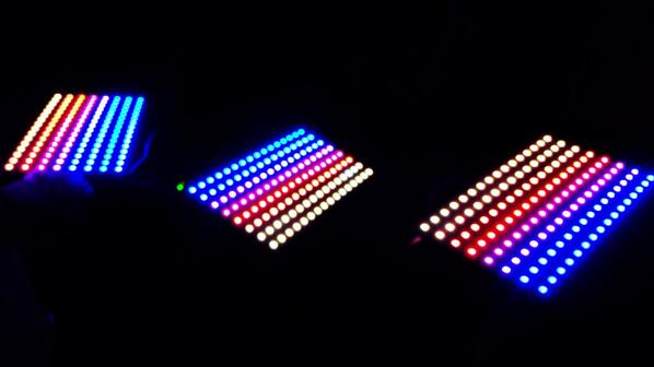 MarkKriegsman's tweet image. Three @wyolum TiM boards (384 pixels!), lit and rarin&apos; to go with #FastLED