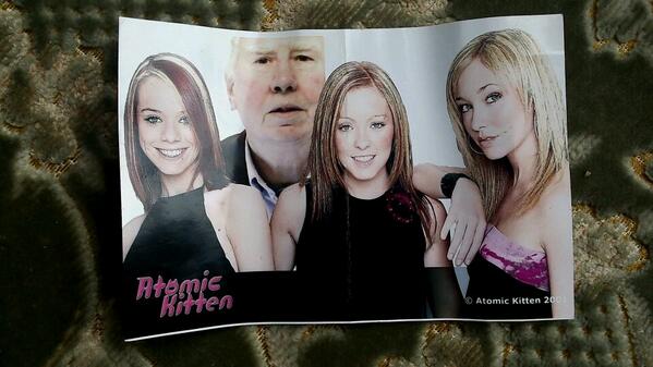 my grandad went to get a passport pic but accidentally got one with atomic kitten on he look so confused im screaming