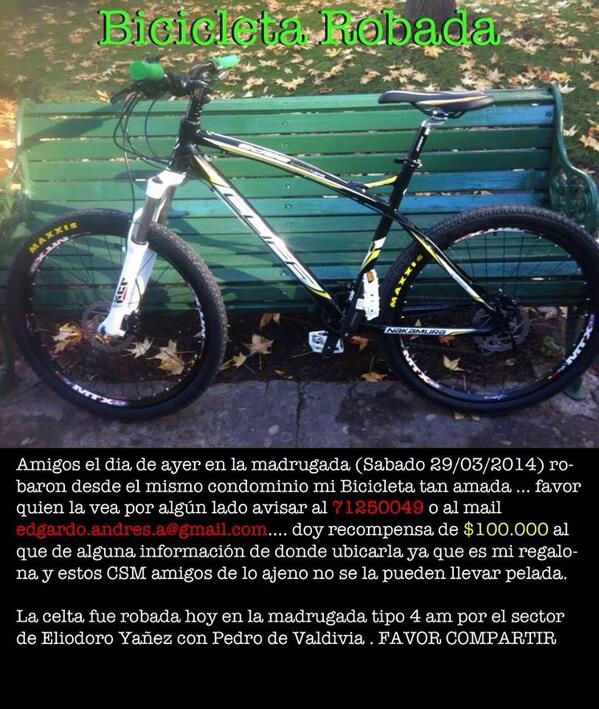EldatoCleta's tweet photo. Favor RT …bicicleta Robada sector de Pedro de Valdivia en Santiago doy Recompensa por info. @Bikemontt http://t.co/7HgCHNHKBf