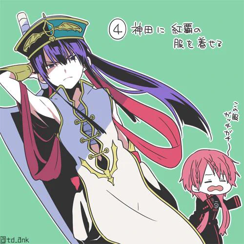 【一番目にリプきたキャラに二番目にリプきたキャラの服を着せる】昨日の続きです、これで最後!神田さんが紅覇の衣装着てますものすごい異色…リプくださった方ありがとうございました楽しかったです! 