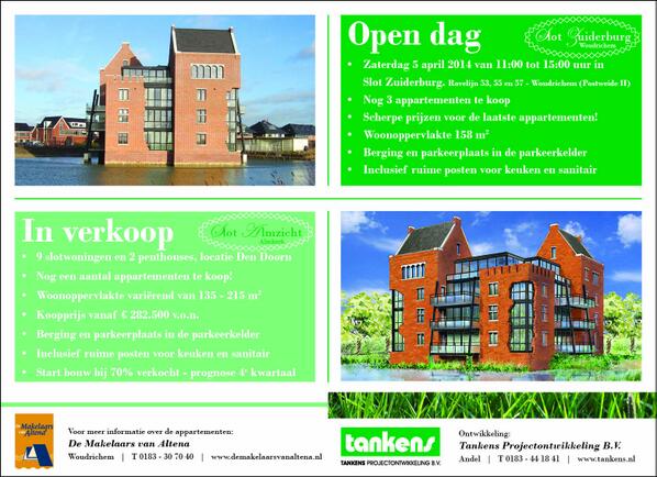 Tankens's tweet photo. Zaterdag 5 april 11.00 - 15.00 uur OPEN DAG Slot Zuiderburg. Nog 3 ruime appartementen te koop! http://t.co/V1iSJkZIrI