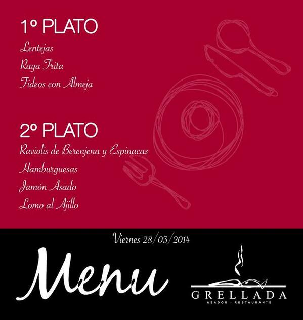 Grellada's tweet photo. ¡¡¡Buenas chic@s!!!  Este es el #menú que tenemos para serviros hoy, ¿qués os parece?  ¡¡¡Buen provecho!!!
@Grellada http://t.co/kTFJFClVlR