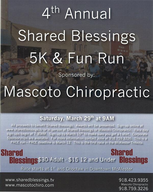 mactownchamber's tweet photo. Shared Blessings 5k &amp; Fun Run this Saturday March 29th 9am 1st &amp; Choctaw http://t.co/gY0XHQBeX5
