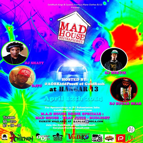 LaCollegeFest's tweet photo. M.A.D. House #DJTRAPSERIES Presents TONIGHT, 4 DJ's, 15 minute sets @Howlinwolfnola ! Open til midnight!!! http://t.co/LltrTZgDDF