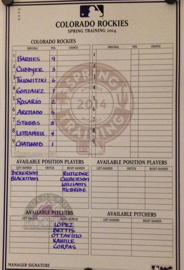 Rockies's tweet photo. Here is tonight's lineup at #Mariners. Watch on @ROOTSPORTS_RM, 8:05pm MDT first pitch. #RockiesSpring http://t.co/JZrpiOgKRC