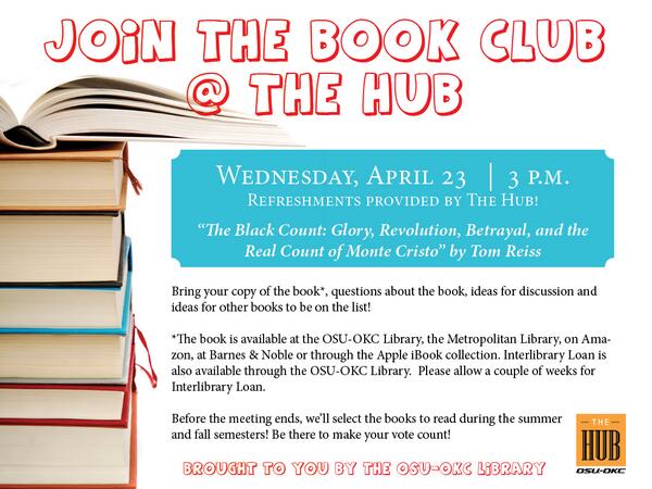 OSUOKC's tweet image. Book Club at the Hub will be Wednesday, April 23 at 3 p.m.! Everyone welcome to attend! View graphic for book info!
