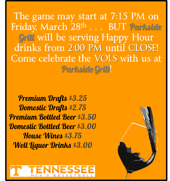 ParksideGrill's tweet photo. Tonight is the night! Happy Hour and Bball! What could be better? #Volforlife #TennesSweet16 http://t.co/i4yNi1x7uq