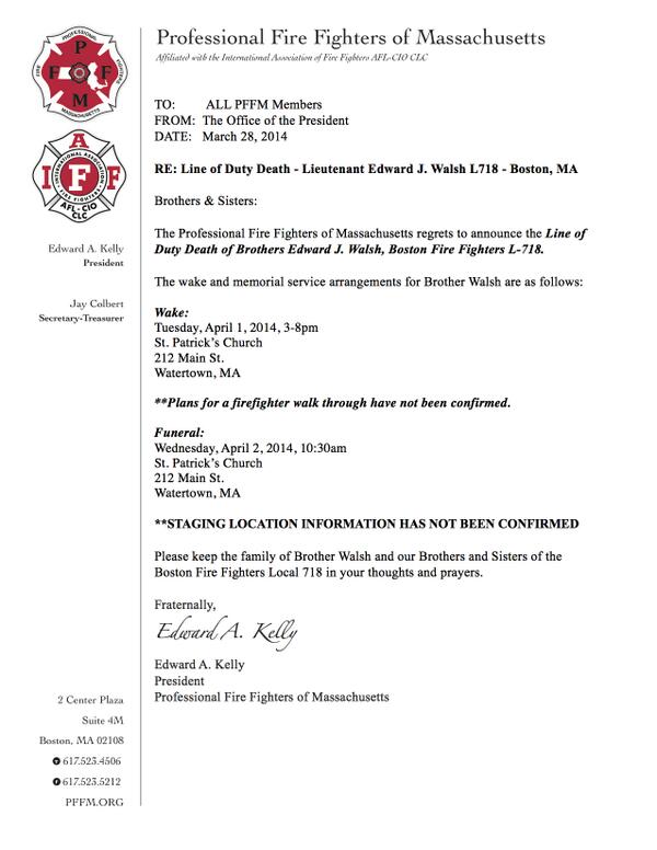 THE_PFFM's tweet photo. Limited arrangement info. for Boston Brother Walsh have been released. follow us for updates. #BostonStrongLocal718 http://t.co/rTXAkYWRQ7