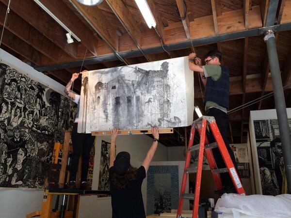 WoodruffCoates's tweet image. Hanging my cathedral prints for the #XXLRelief exhibition Saturday night! #SGCI2014