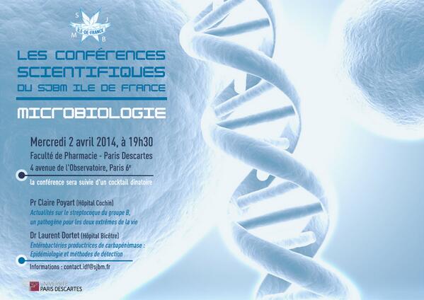 SJBMIDF's tweet photo. Encore à chercher quoi faire mercredi prochain? Tu as trouvé! Conf microbio du SJBM-IdF : strepto B et carbapénèmases http://t.co/0YfDQBwg3A