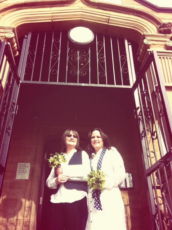 KatHarbourne's tweet photo. And here they are Helen Brearley and Teresa Millward -officially wife and wife. #equalmarriage #gaymarriage @BBCLeeds http://t.co/oOhoAkJmys