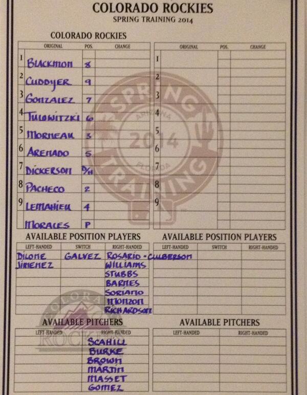 Rockies's tweet photo. Here is the lineup for today's #RockiesSpring finale. 1:10pm MDT first pitch at @SaltRiverFields: http://t.co/6HixIWJKXd
