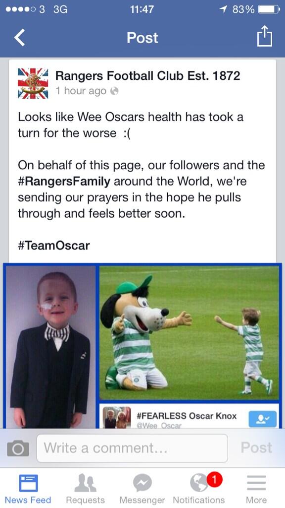 DundeeCeltic's tweet photo. Nice touch from a rangers page on Facebook wishing @Wee_Oscar to get well soon http://t.co/9NJ2UHNEt9