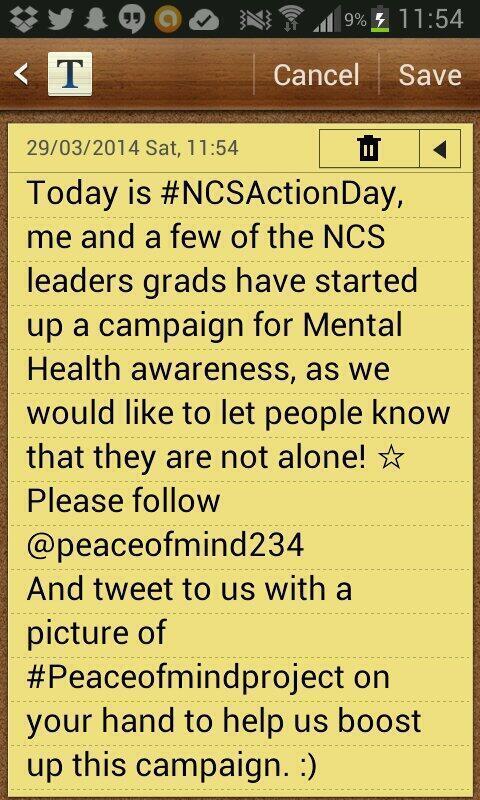 peaceofmind234's tweet photo. @TimetoChange For #NCSACTIONDAY we're raising awareness of mental health! Please RT and help us! #peaceofmindproject http://t.co/zZtmd0zbSO