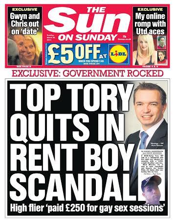 TheSun's tweet image. Exclusive: Top Tory quits in rent boy scandal - tomorrow's Sun on Sunday front page: