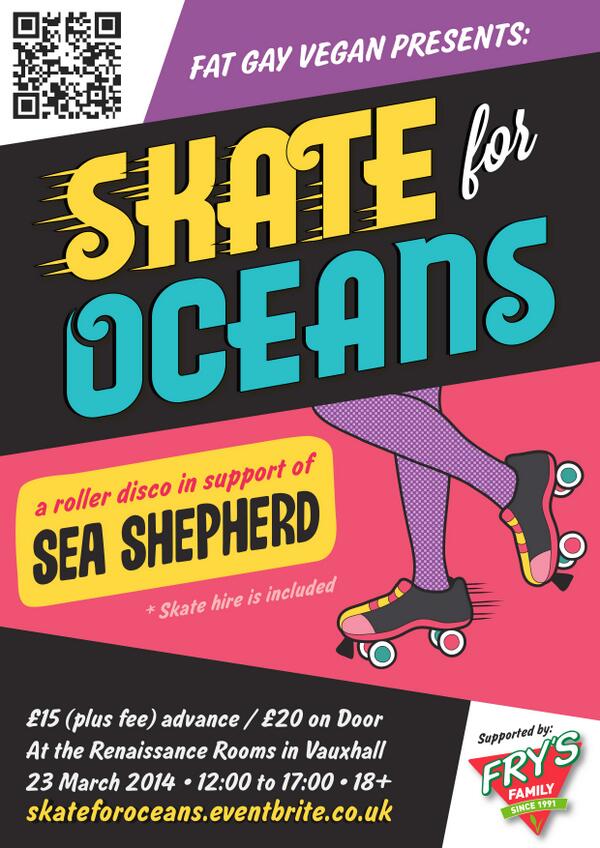 themightyfork's tweet image. This Sunday! Roller disco + vegan hot dogs in support of @seashepherd_uk! More info here: fatgayvegan.com/2014/01/20/ska…