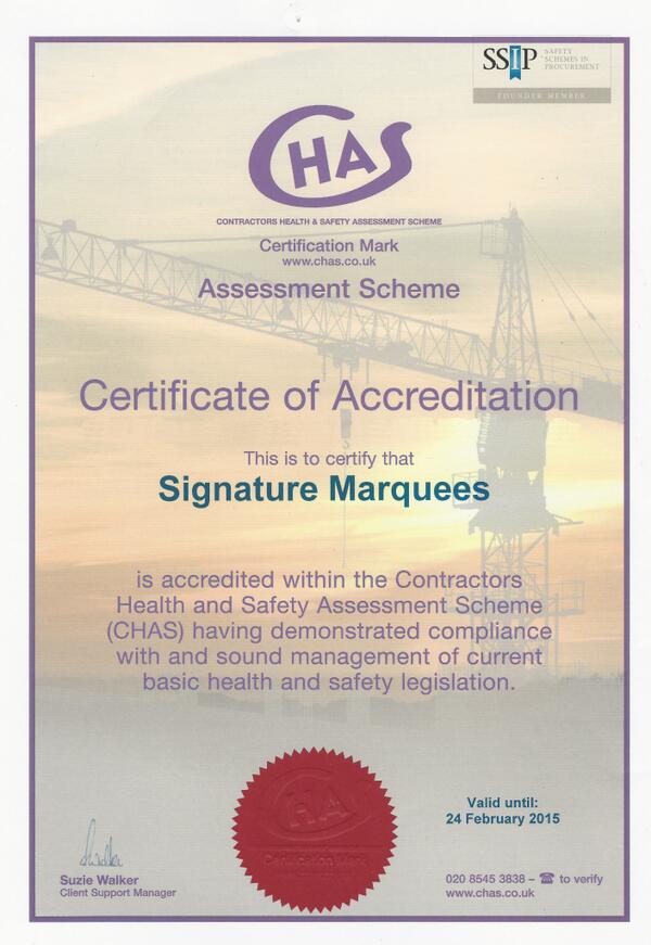 Signature Marquees receive Contractors Health &amp; Safety Assessment Scheme (CHAS) Accreditation.