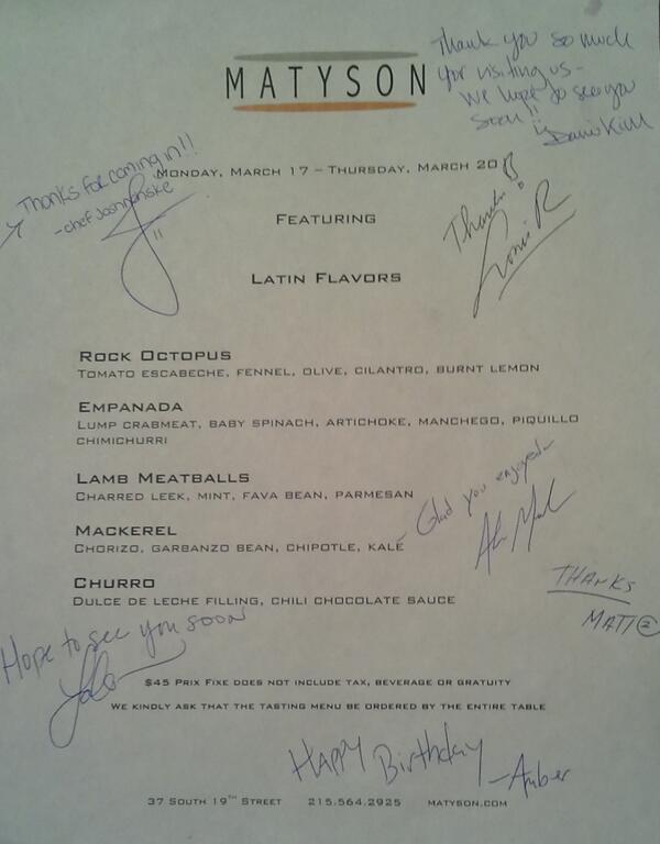 JasonLStienmetz's tweet photo. Still smiling after dinner last night. One of the best meals we've ever had.  Thanks again! @MatysonBYOB http://t.co/Bs0y9rfBMB
