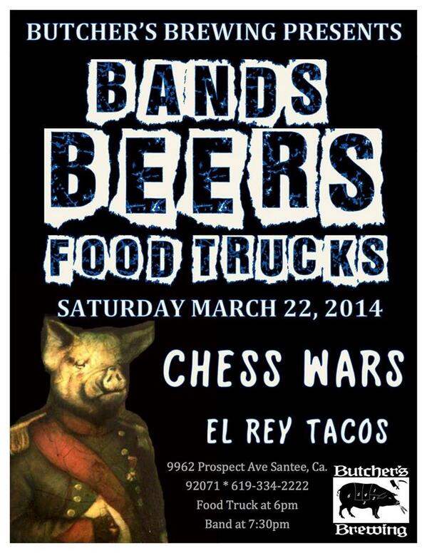 ChessWars's tweet image. Stoked to be playing @butchersbrewing this Sat! Craft beer, music, even delicious tacos courtesy of @elreytacoshop!