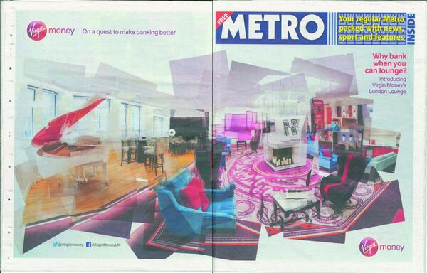 WeAreProjectlab's tweet image. Our new lounge for @VirginMoney stars on the cover of today&apos;s @MetroUK!