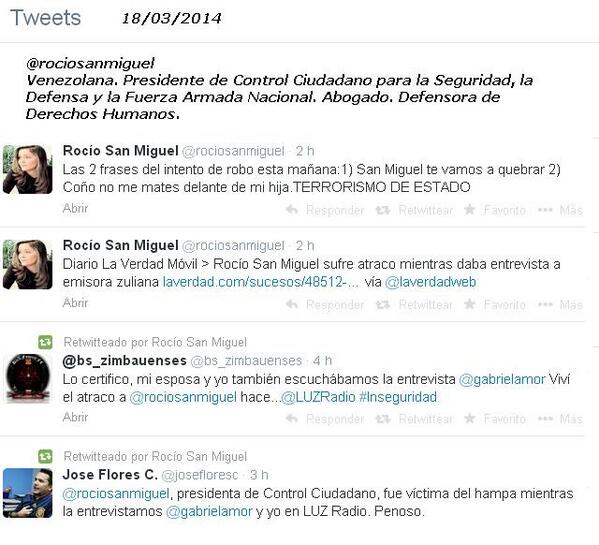 horoscopia's tweet photo. #Venezuela  Tuits que relatan el intento de robo a Rocio San Miguel #SOSVenezuela http://t.co/HIvxbpNlKk