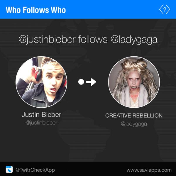 TwitrCheckApp's tweet photo. Who follows who...@justinbieber and @ladygaga - new "who follows" feature. Get v2.2 today! via @TwitrCheckApp http://t.co/63FPG7wkhU