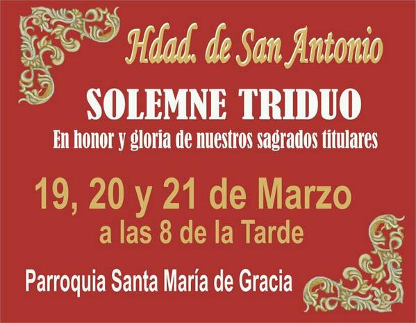 hdadsanantonioe's tweet photo. MAÑANA COMIENZA EL SOLEMNE TRIDUO EN HONOR A NTROS. SAGRADOS TITULARES. A LAS 8 DE LA TARDE EN LA IGLESIA DE ESPERA. http://t.co/7pInKXTYKI