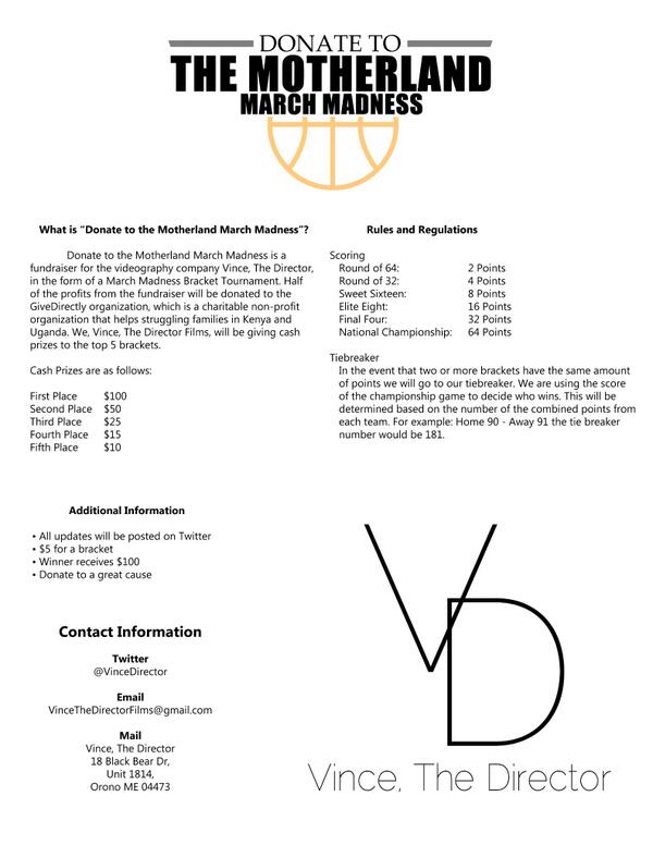 VinceDirector's tweet photo. Donate To The Motherland March Madness #BracketChallenge #Information http://t.co/SlSZ6Pcw0g