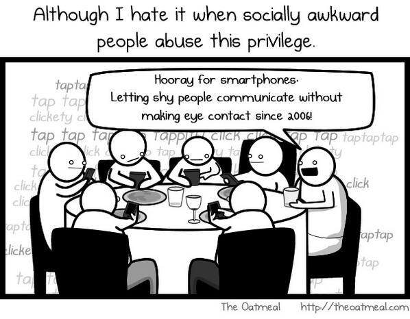 SirSeim's tweet image. What happens when Comp Sci people go out to eat? Phone browsing obviously #JKButSeriously theoatmeal.com/comics/smartph…