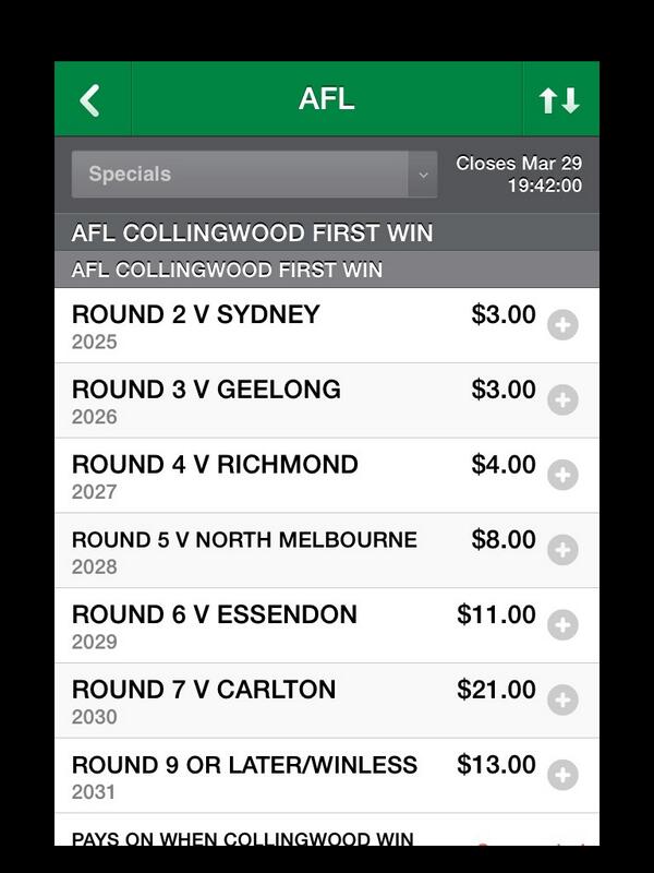 MunsieGlenn's tweet photo. When will @CollingwoodFC win their 1st #AFL match in season 2014? Nice one @tabcomau !! http://t.co/w8b5RBDFOO