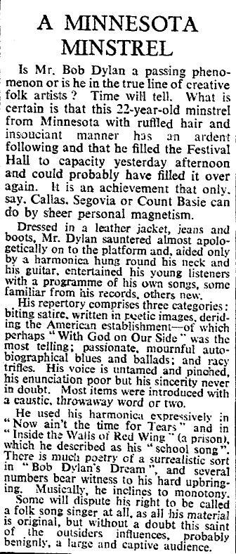 TimesArts's tweet photo. Bob Dylan released his debut album 52 years ago this week. Here’s his first ever Times review http://t.co/NOIolu0Xj3 http://t.co/E15nfvmfCW