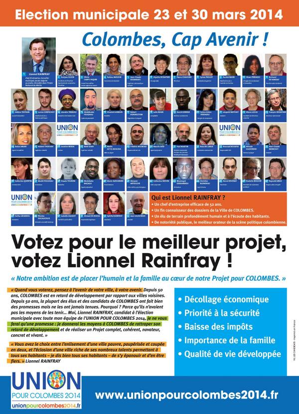 Colombes2014's tweet photo. Découvrez notre nouvelle affiche où est présentée notre liste ! #colombes #MUN92700 #Municipales2014 @RainfrayLionnel http://t.co/14RFHyNW4r